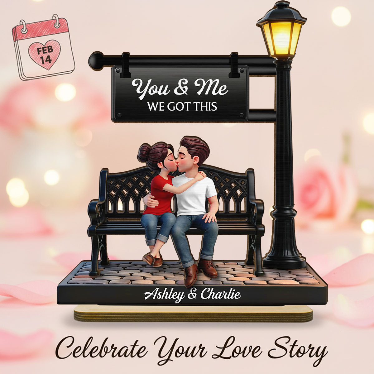 Everlasting Love Couple Sitting Kissing Under Lamp Post - Personalized 2-Layered Wooden Plaque - Heartfelt Gift For Couple
