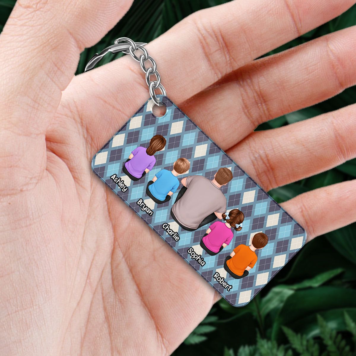 Dad And Kids Dogs Cats Back View Argyle Pattern Personalized Acrylic Keychain