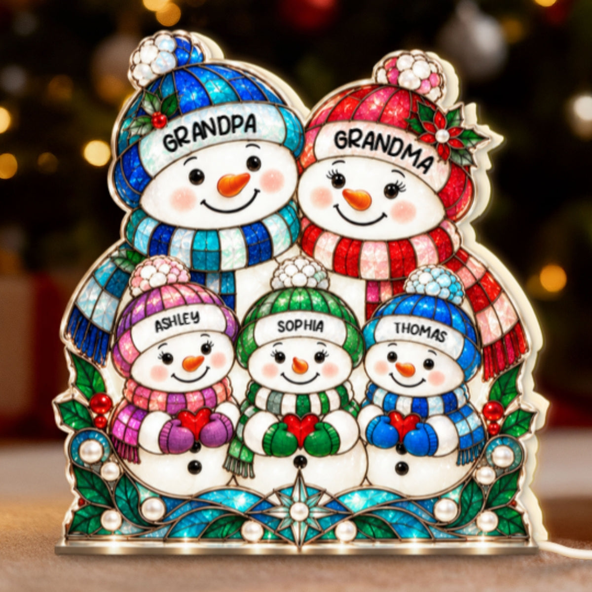 Cute Snowman Grandparents & Grandkids Stained Glass Style 2D Flat Printed - Personalized Light Box - Christmas Decor For Family, Grandma, Grandpa
