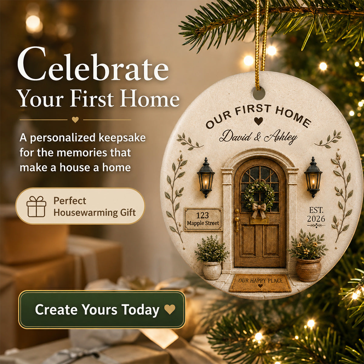 Our First Home 2D Flat - Personalized Ceramic Ornament - Christmas Gift, New Home Ornament