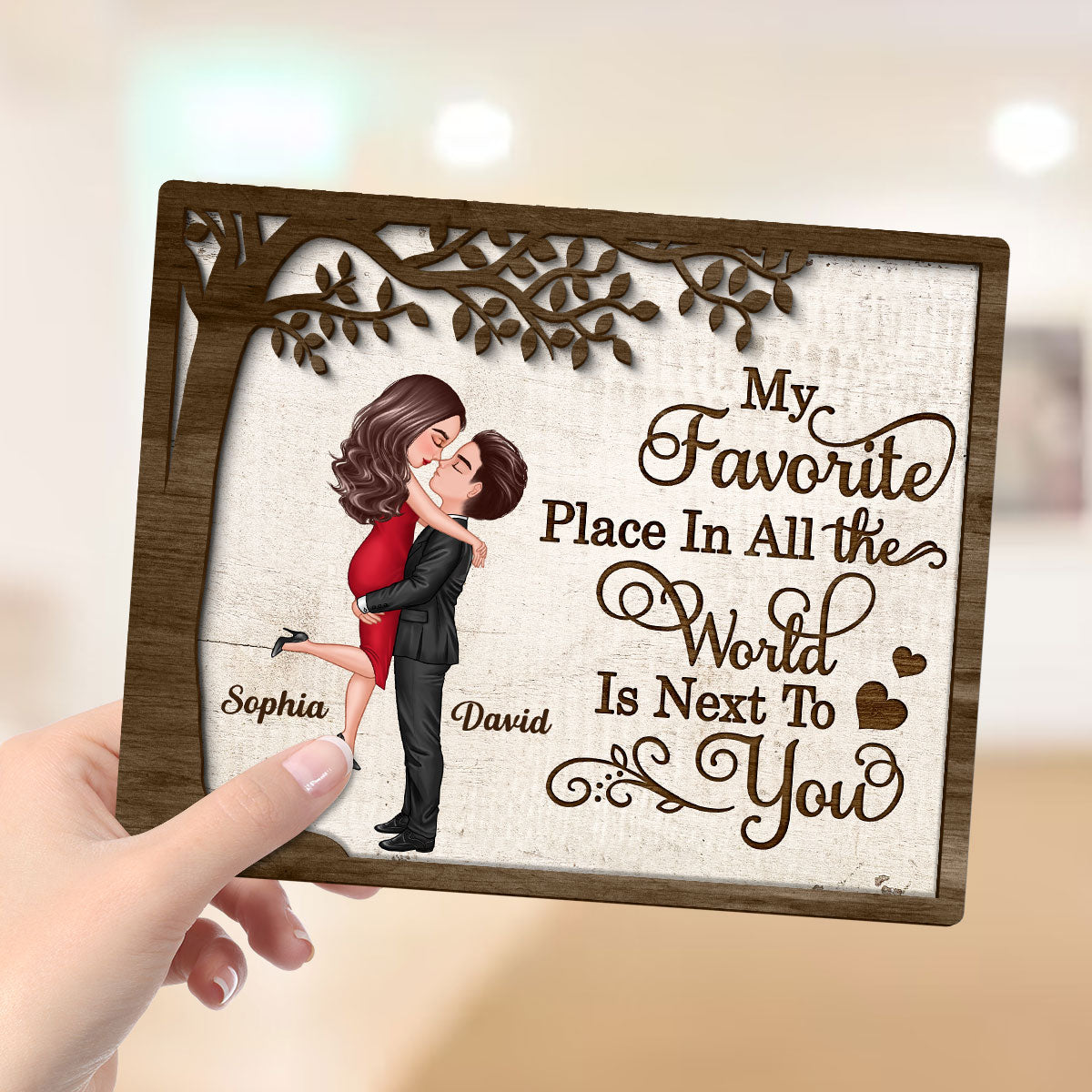 My Favorite Place In All The World Hugging Couple Personalized 2-Layer Wooden Plaque, Gift For Him, For Her
