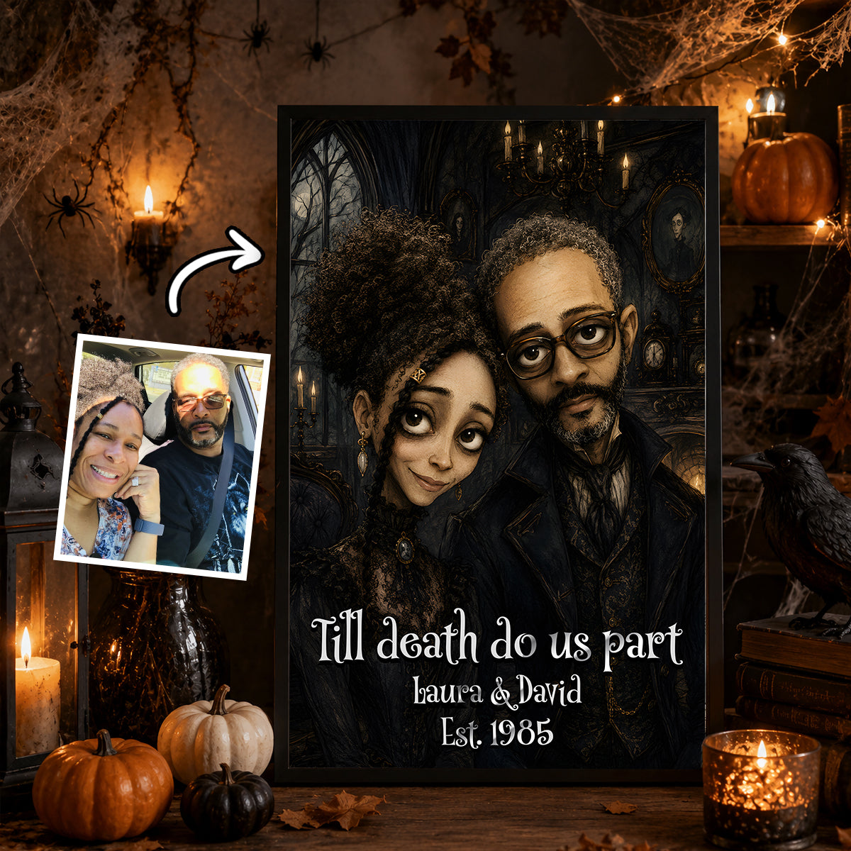 Custom Gothic Couple Portrait from Photo Personalized Poster, Halloween Decor for Couple, Anniversary Gift for Him, for Her