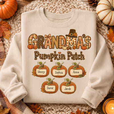 Grandma's Pumpkin Patch Fall Patchwork Pattern - Personalized Shirt - Trendy Fall Halloween Tee for Grandma