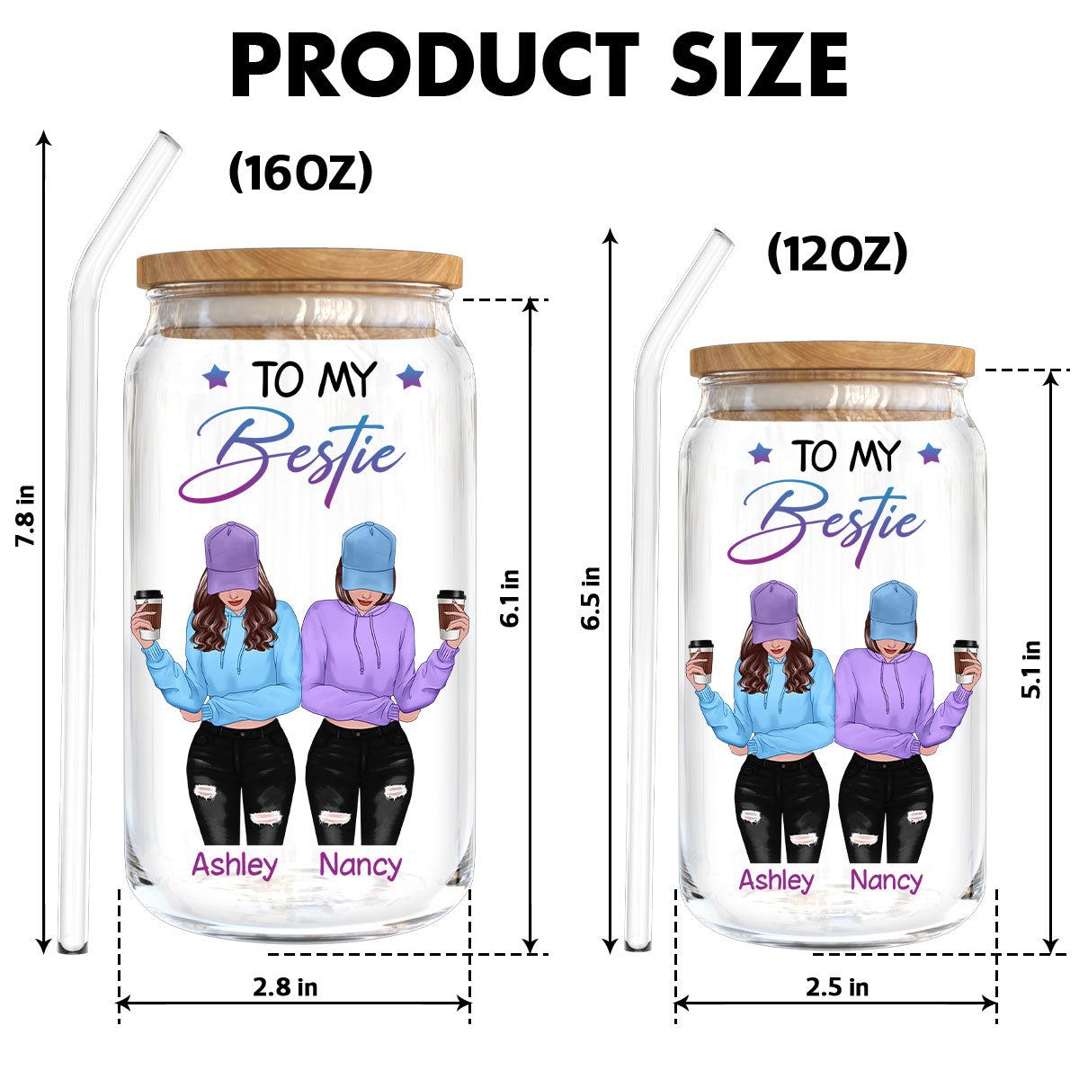 To My Bestie Front View Gift For Best Friends Personalized Clear Glass Can