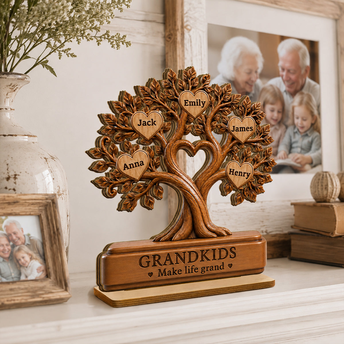 Grandkids Make Life Grand - Personalized 2-Layered Wooden Plaque - Gift for Grandma, Grandpa, Grandparents, Family Keepsake