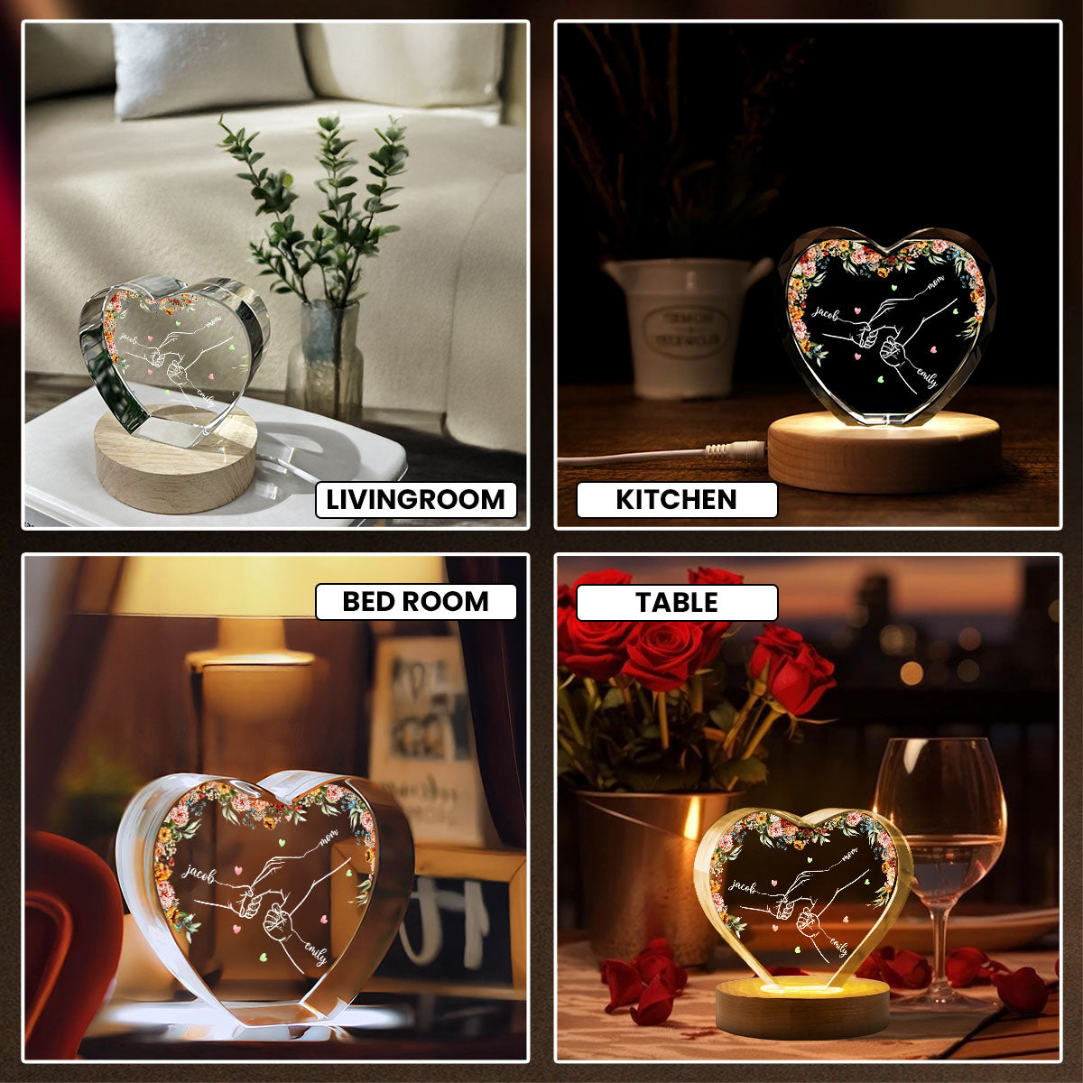 Personalized Name Mom And Kid Hands Premium Crystal Heart LED, A Timeless Treasure for Mom, Free Shipping Included