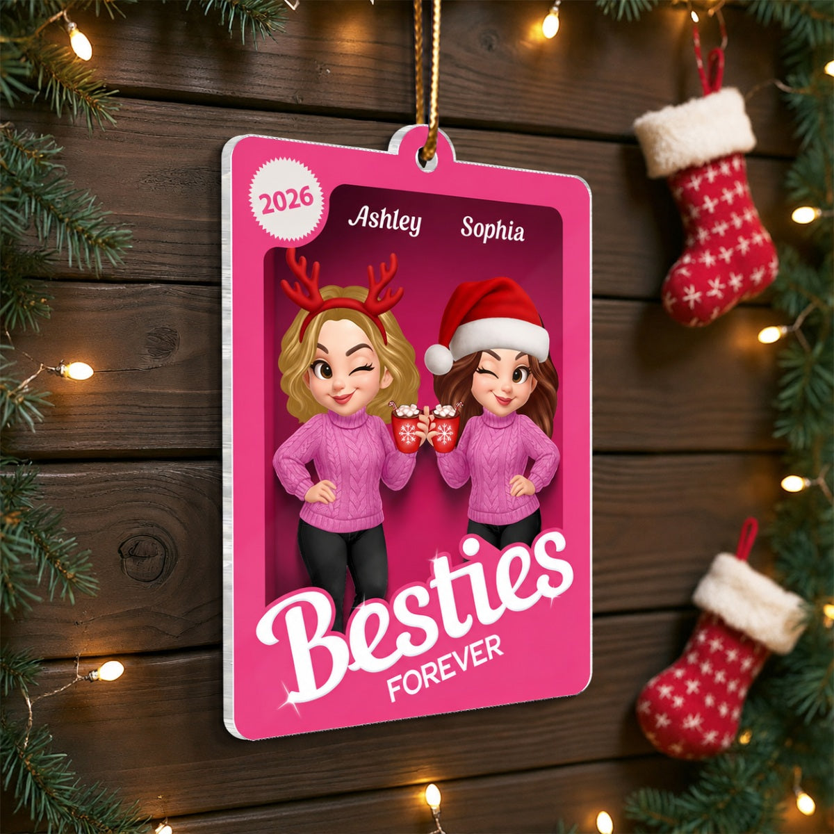 Christmas Besties Forever Pink 3D Effect Action Figure Personalized Acrylic Ornament