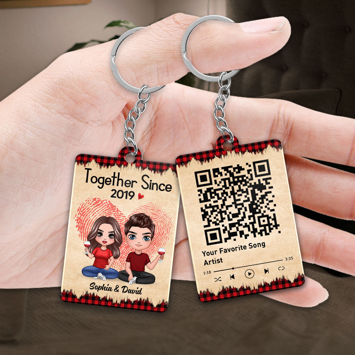 Fingerprint Checkered Pattern Doll Couple Sitting Favorite Song Scannable QR Code Personalized Acrylic Keychain