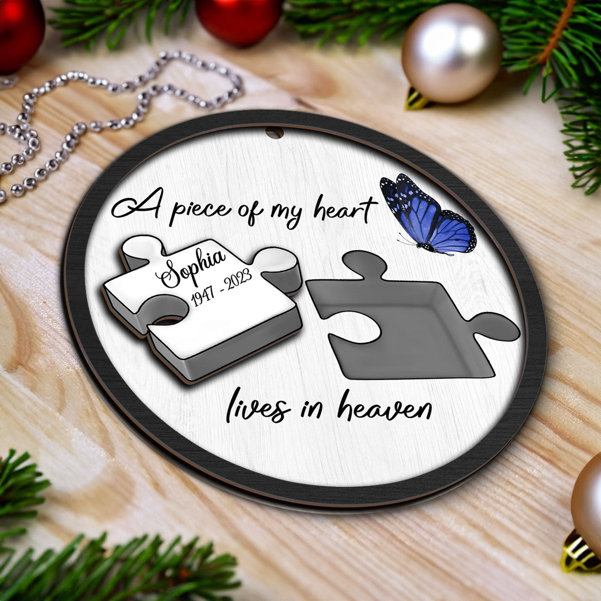 A Piece Of My Heart Lives In Heaven Memorial Personalized 2-Layer Wooden Ornament