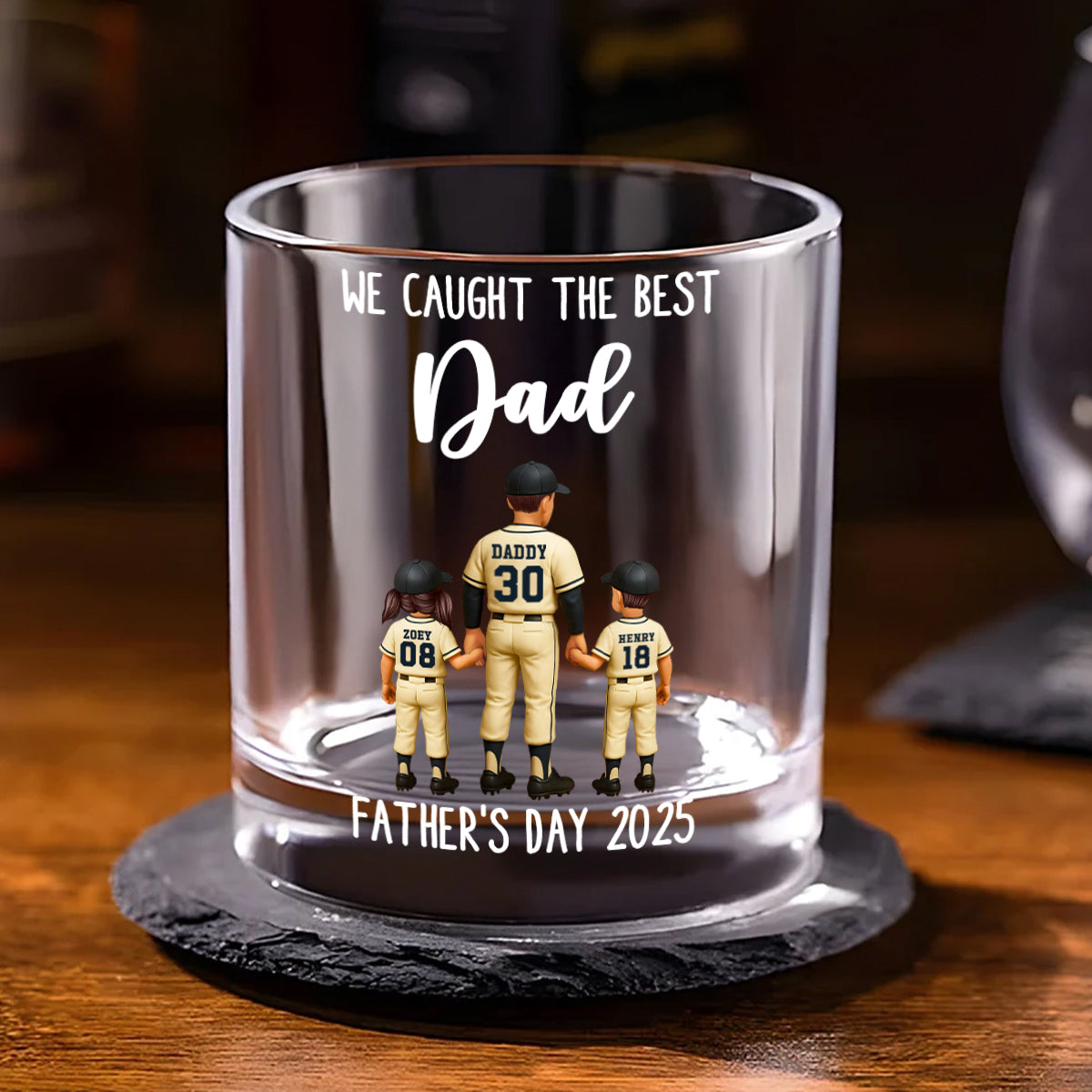 We Caught The Best Dad Baseball Personalized Whiskey Glass, Dad And Kids Holdhing Hands, Father's Day Gift for Dads