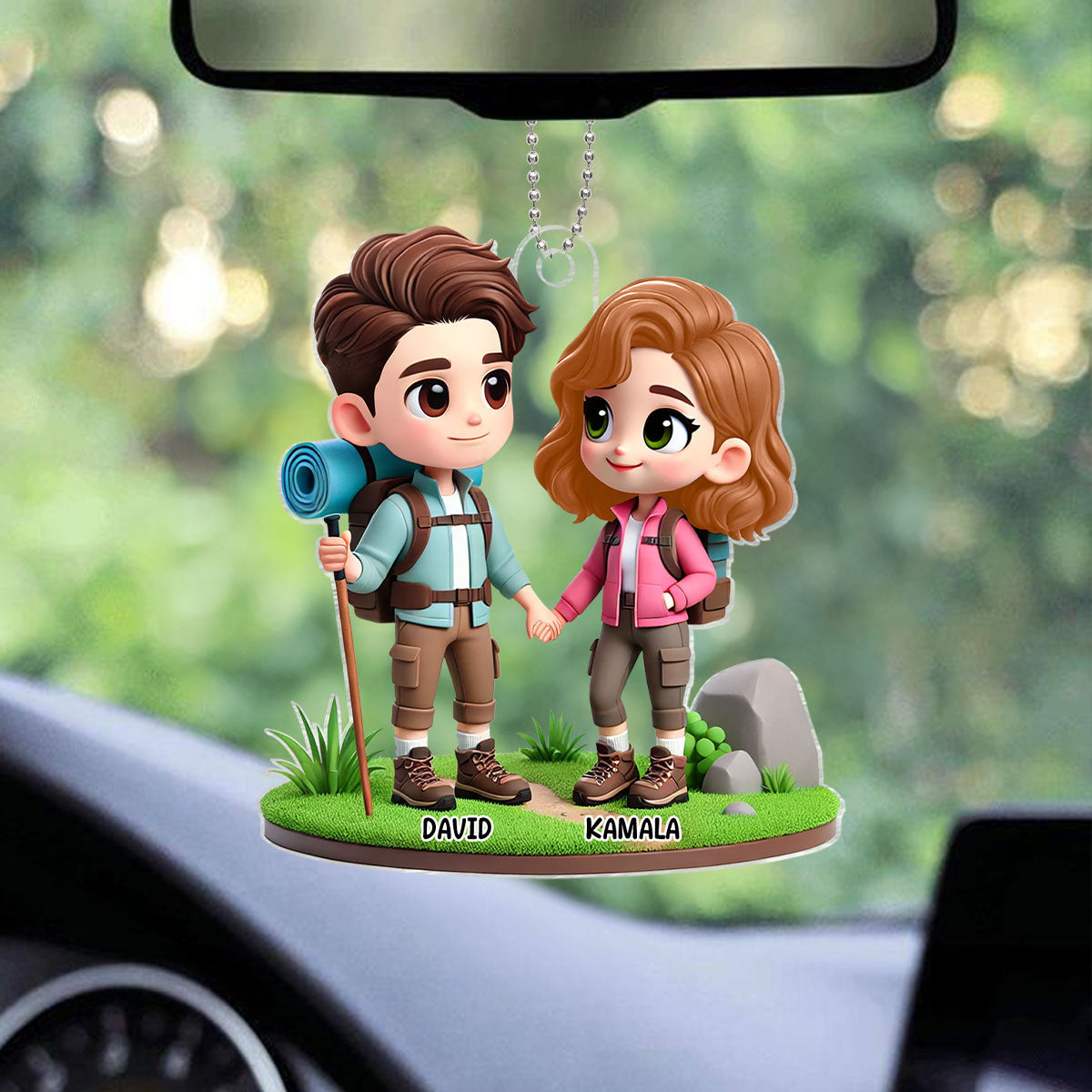 3D Effect Cute Cartoon Hiking Couple Personalized Acrylic Car Hanger, Rear View Mirror, Anniversary, Birthday Gift for him, for her