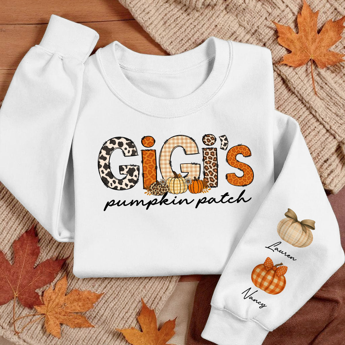 Grandma's Little Pumpkins Leopard Fall Pattern Personalized Sweatshirt, Fall Clothes Cozy Vibe for Grandma Mama Gigi Nana