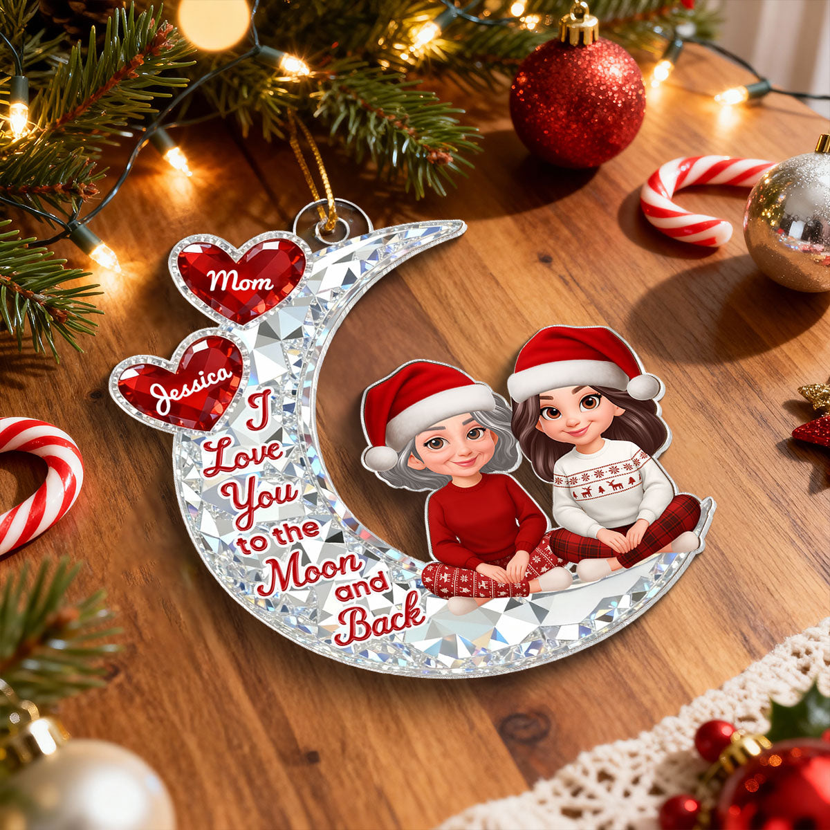 3D Effect Flat Mom And Daughter Son Sitting On Moon - Personalized Acrylic Ornament - Gift For Mom, Daughter, Son