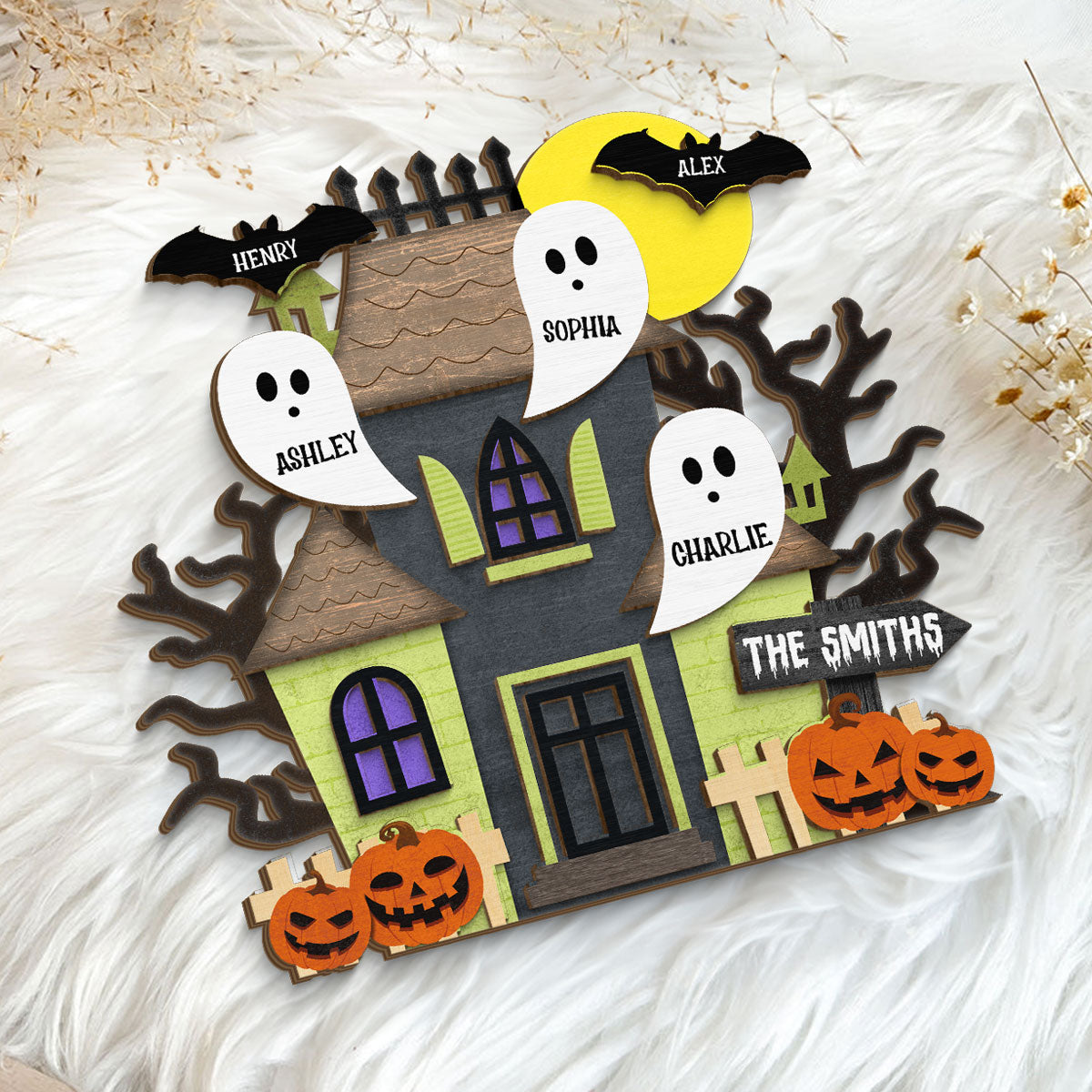Grandma Family Haunted House Boo Flying Personalized Standing Wooden Plaque, Halloween Decor