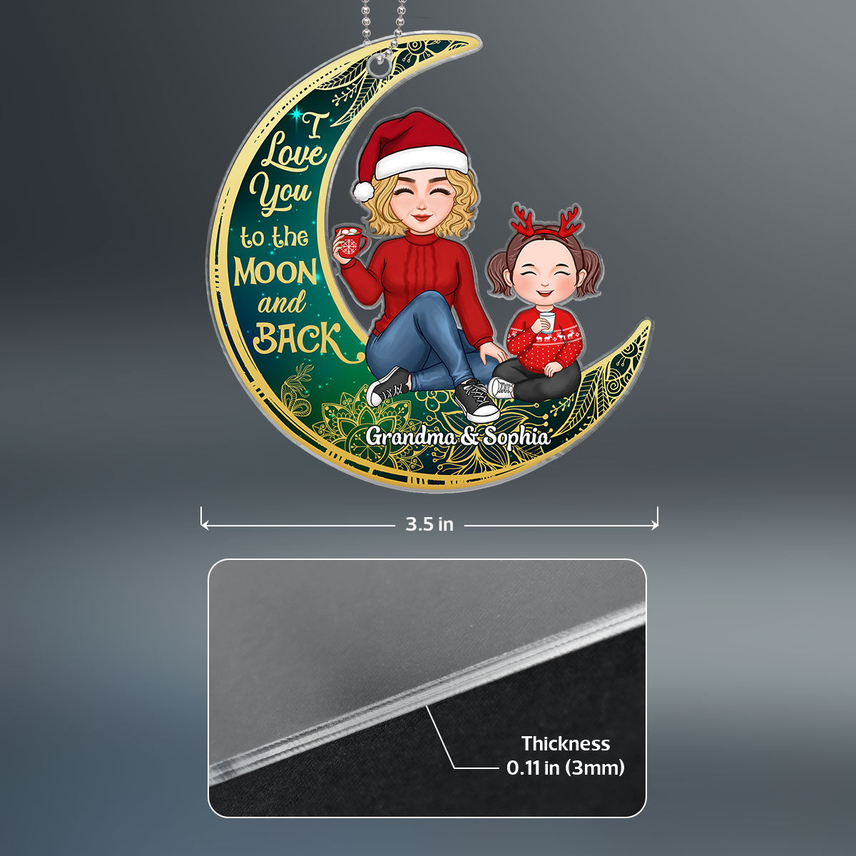 Cute Grandma & Grandkid On Green Moon Christmas Gift For Grandson Granddaughter Personalized Acrylic Ornament