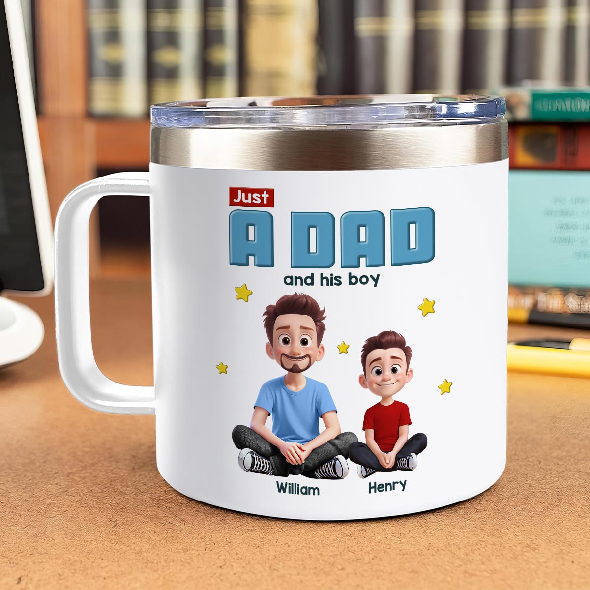Just A Dad And His Kids Cartoon Funny Style Personalized Stainless Steel Tumbler With Handle, Gift For Dad
