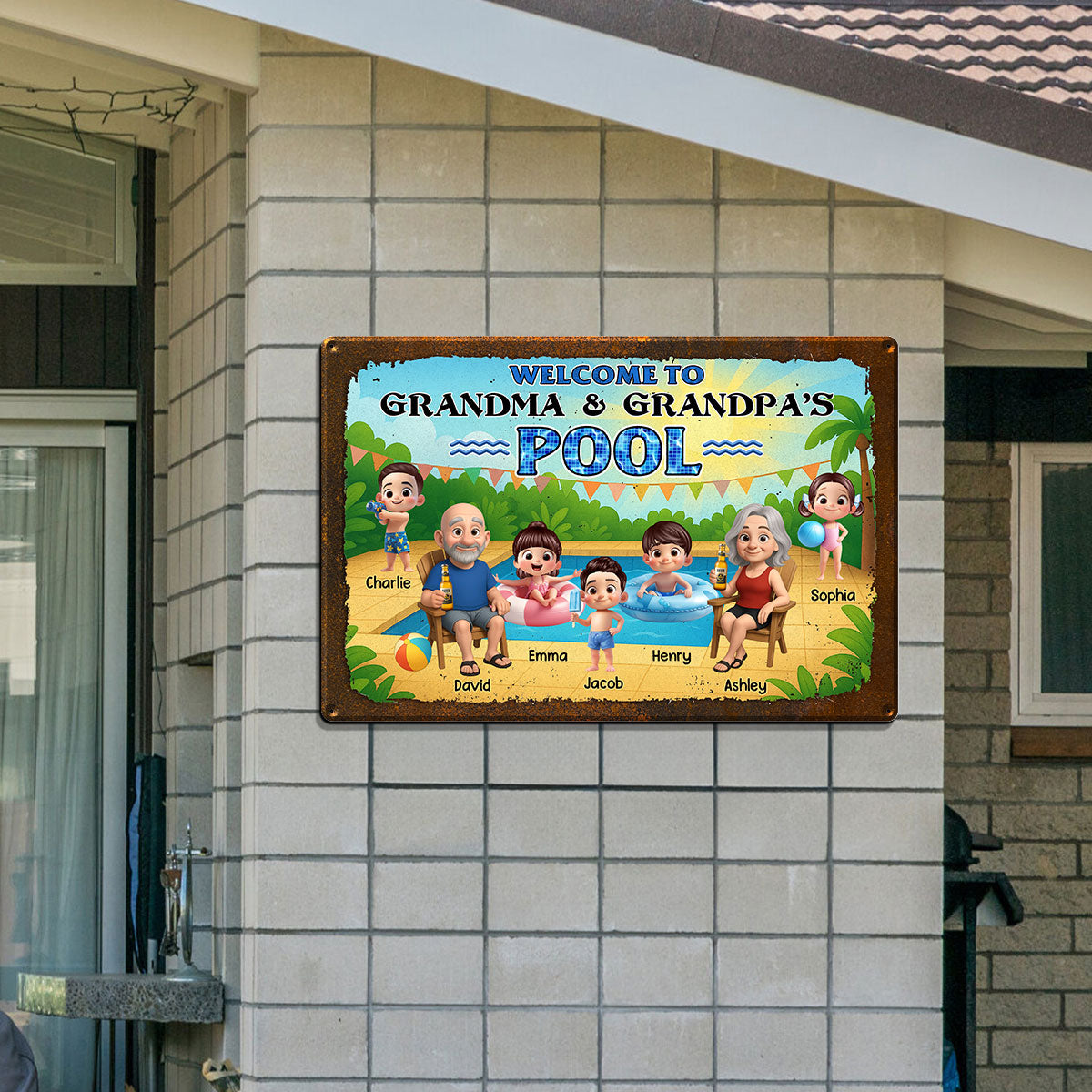 Welcome to Grandma & Grandpa's Pool Personalized Metal Sign, Grandparents Hosting Grandkids Summer Sign