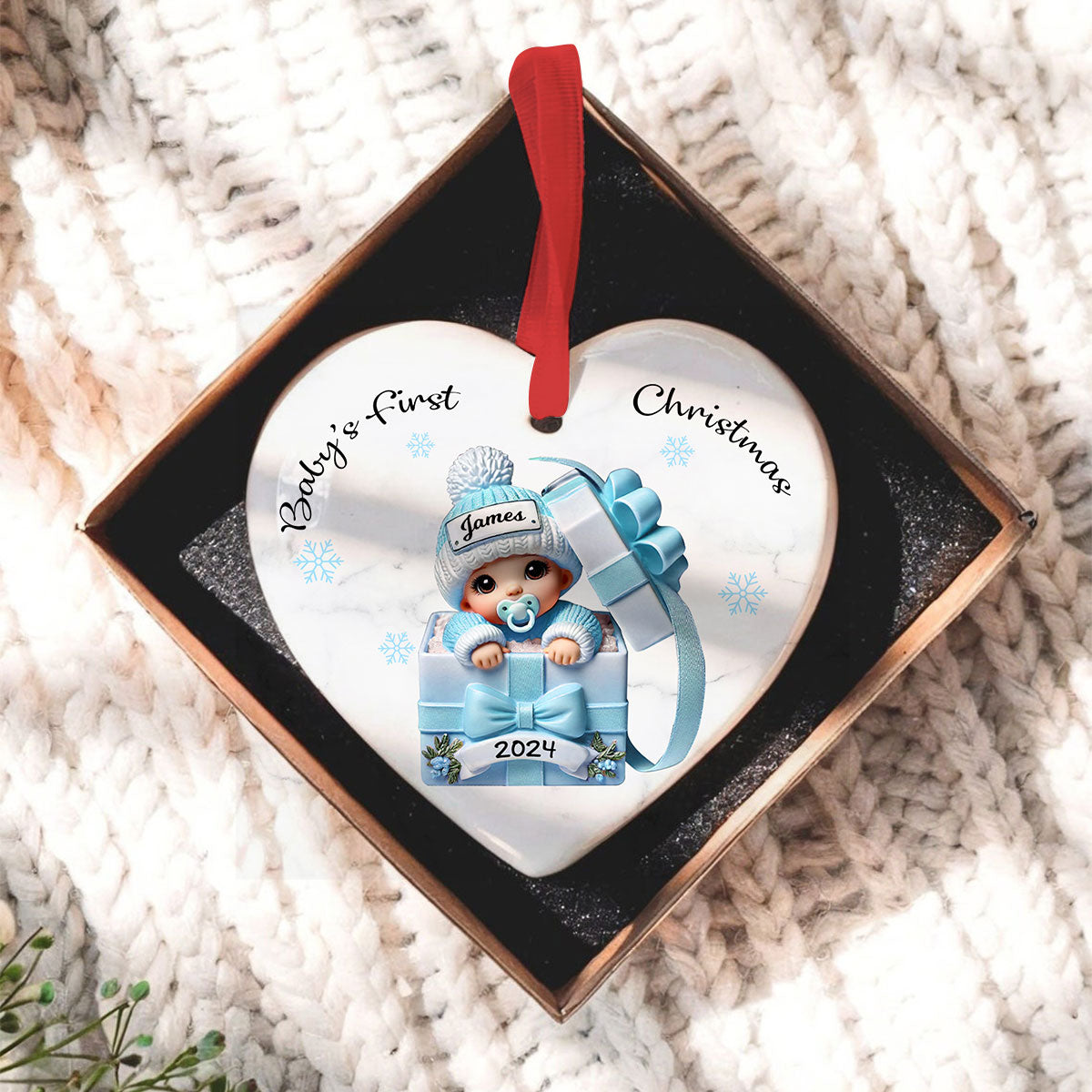 Baby Inside Gift Box Personalized Heart Ornament, Baby First Christmas Keepsake