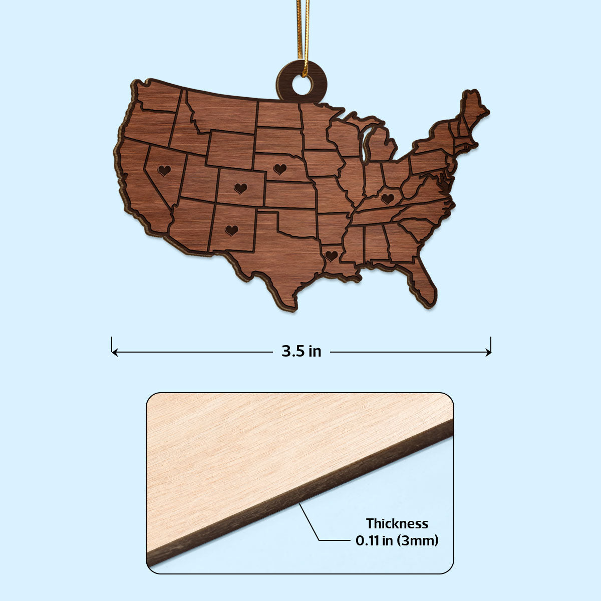 Family Close At Heart State USA Map Personalized Wooden Ornament