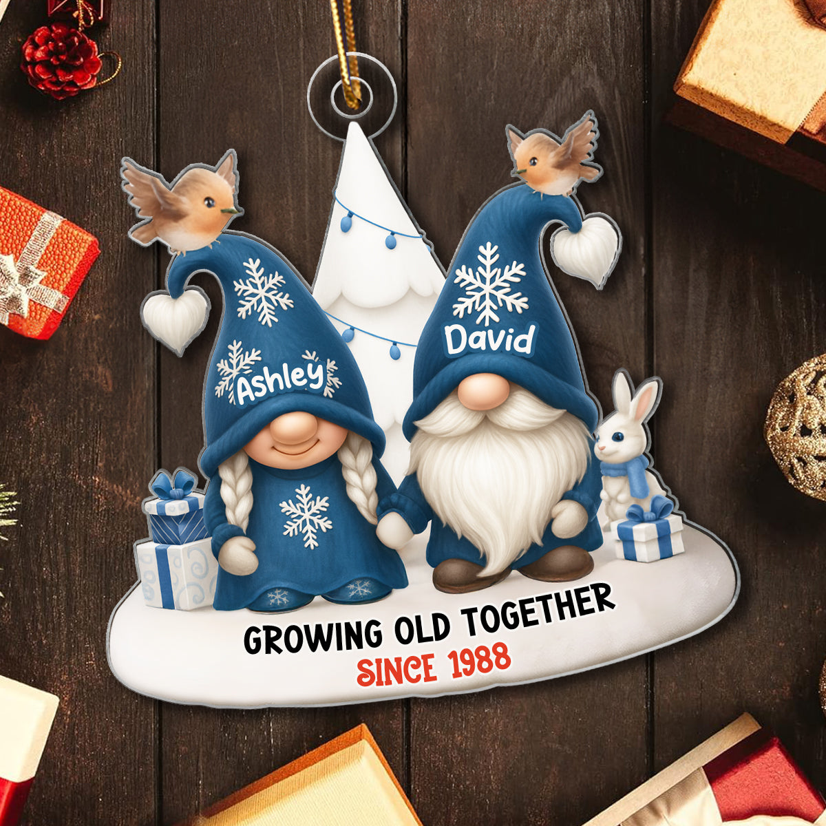 Blue Gnome Christmas Couple Growing Old Together Personalized Acrylic Ornament, Gift for him, Gift for her