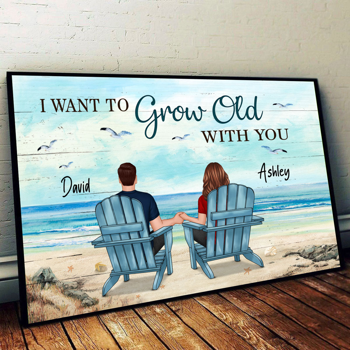Back View Couple Sitting Beach Landscape Personalized Horizontal Poster