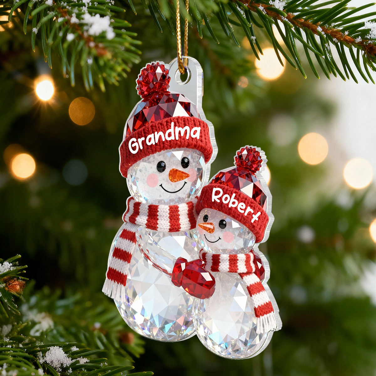 3D Effect Flat Snowman Grandma Hugging Grandkid Christmas - Personalized Acrylic Ornament - Gift For Grandkids