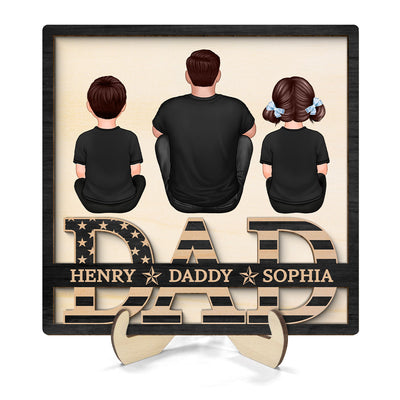 Grandpa Dad Kids Sitting On Text Nation Flag Personalized 2-Layer Wooden Plaque