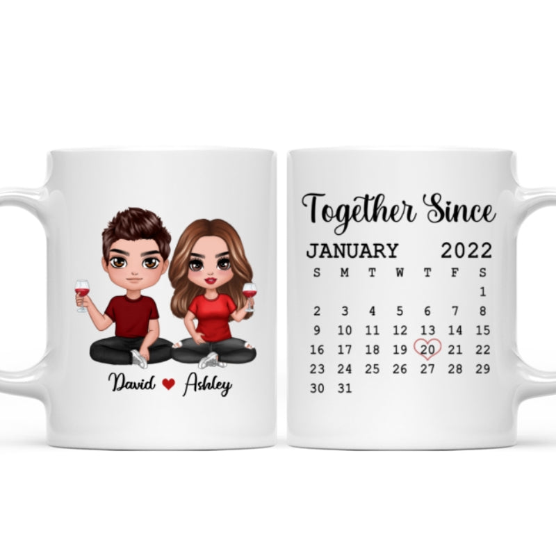 Doll Couple Sitting Anniversary Date Calendar Personalized Mug - Gift For Couple - Gift For Him - Gift For Her