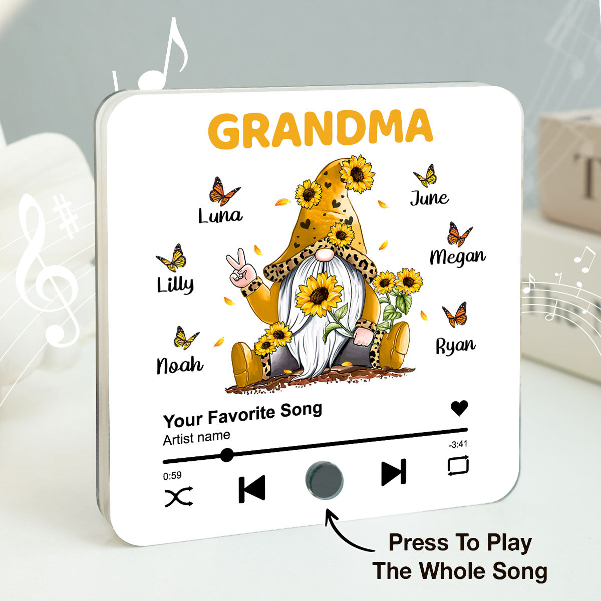 Sunflower Gnome Butterflies Grandma With Grandkids Personalized Music Fridge Magnet, Heartfelt Gift For Mom For Grandma