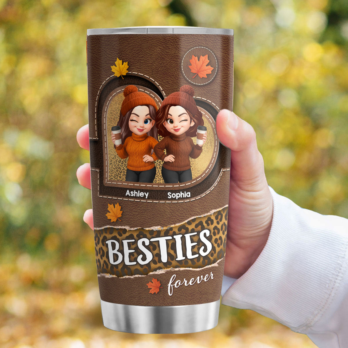 Fall Season Besties Sisters Fall Leather Pattern Personalized Tumbler