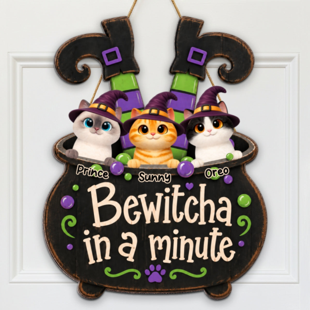 Halloween Witch Cauldron Cute Cats Bewitcha In A Minute - Personalized Wood Sign - Halloween Decor For Cat Lovers