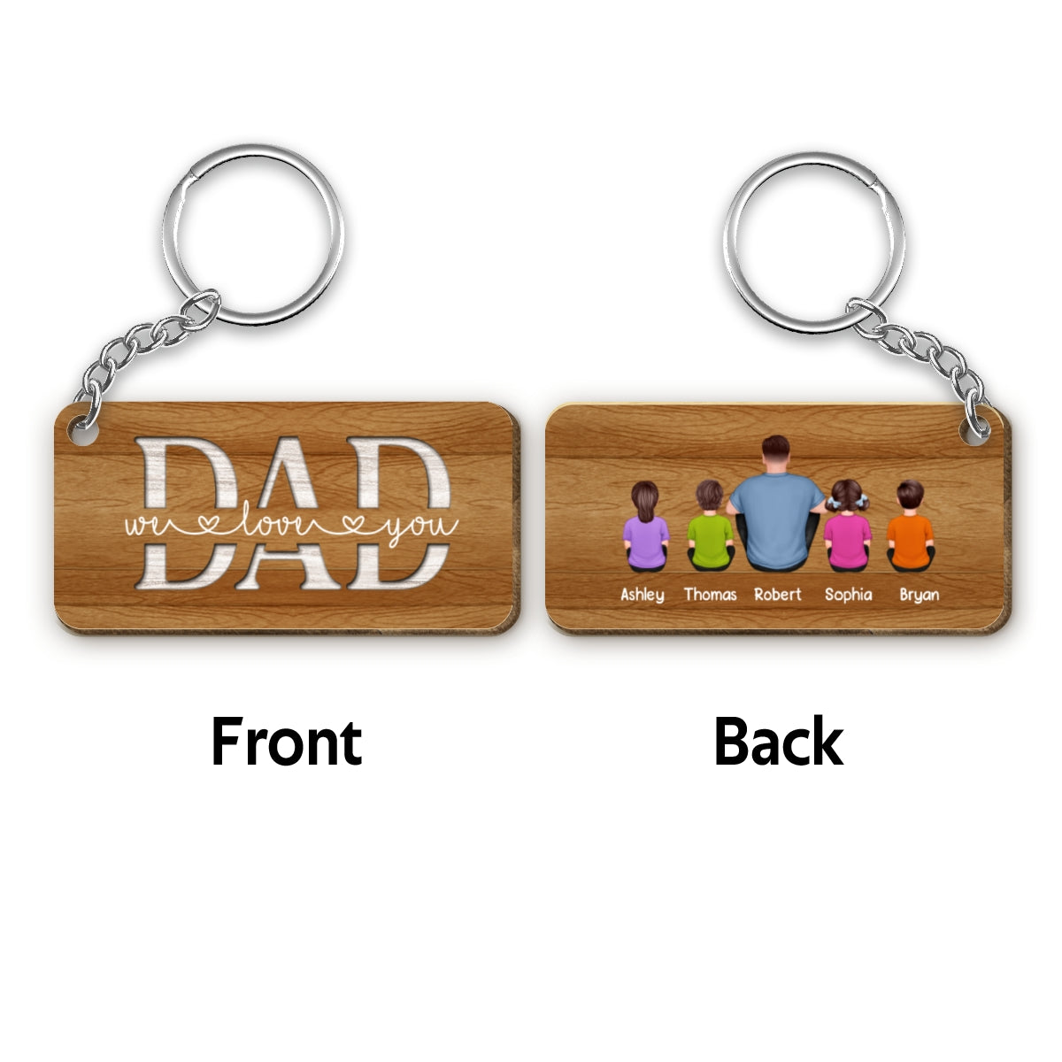 Back View Man Dad And Kids Dogs Cats Sitting We Love You Personalized Wooden Keychain