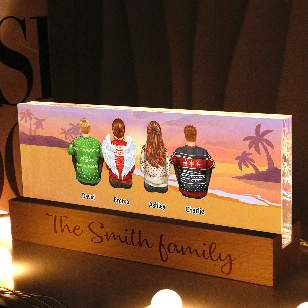 Family Sitting Back View Beach Retro Vintage Background Personaized Acrylic LED Night Light
