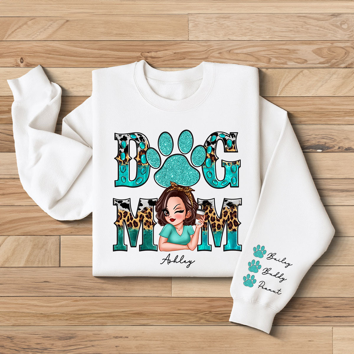 Teal And Leopard Dog Mom Gift For Dog Lovers Personalized Sleeve Printed Sweatshirt