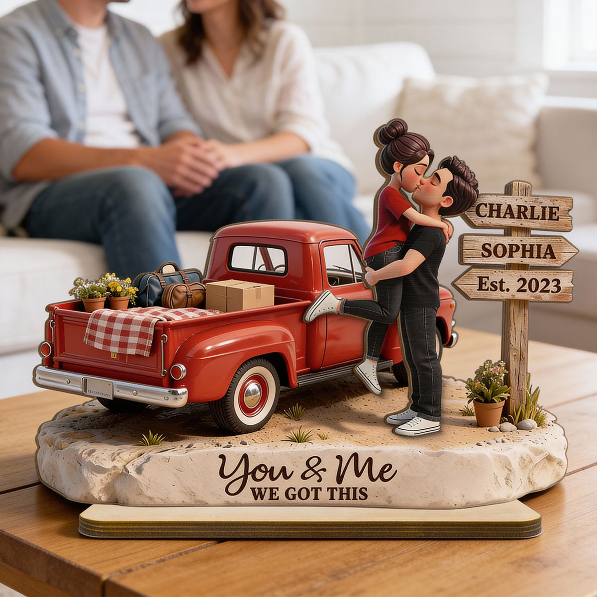Romantic Couple Pickup Truck Sign Post - Personalized 2-Layered Wooden Plaque - Heartfelt Valentine's Day Gift For Couple, Farmhouse Decor