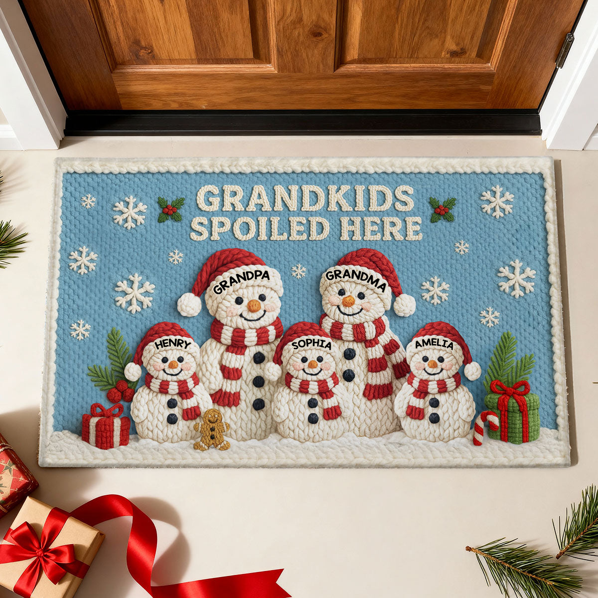 Grandma Grandpa Grandkids Snowman Crochet Faux Yarn Texture - Personalized Doormat - Christmas Decoration