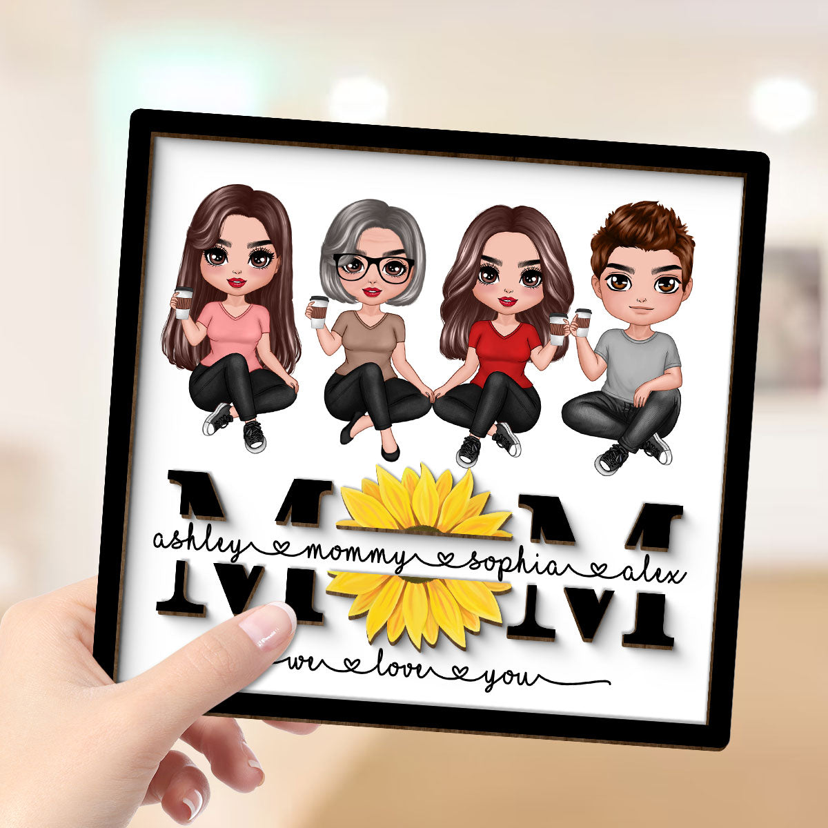 Mom We Love You Sunflower Sitting On Text Personalized 2-layer Wooden Plaque, Gift For Mom