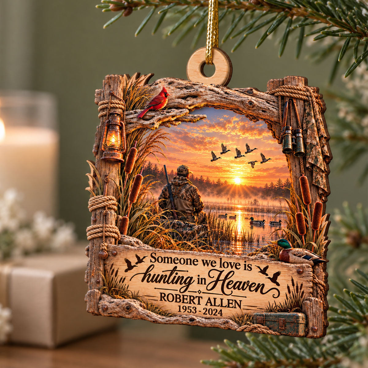 Hunting In Heaven Duck Hunting 2D Flat - Personalized Wooden Ornament - Memorial Sympathy Gift