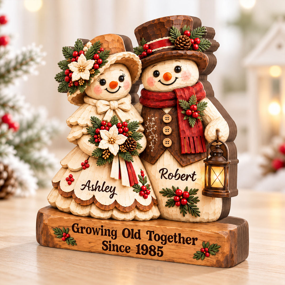 Retro Vintage Rustic Snowman Couple Cozy Christmas Vibe - Personalized Wooden Block Plaque - Christmas Gift For Couple