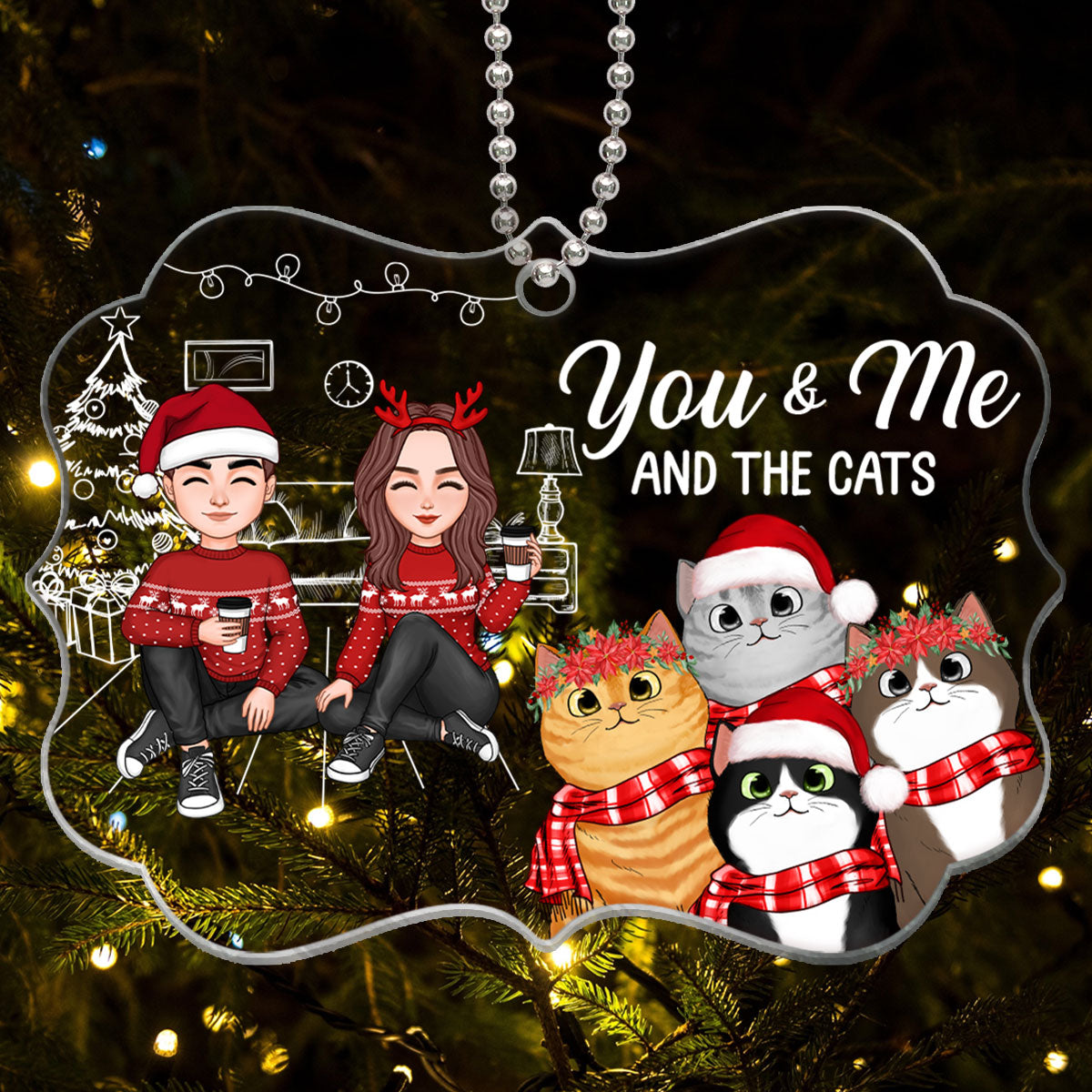 You Me & The Cats Cute Doll Couple Sitting Peeking Cat Personalized Acrylic Ornament