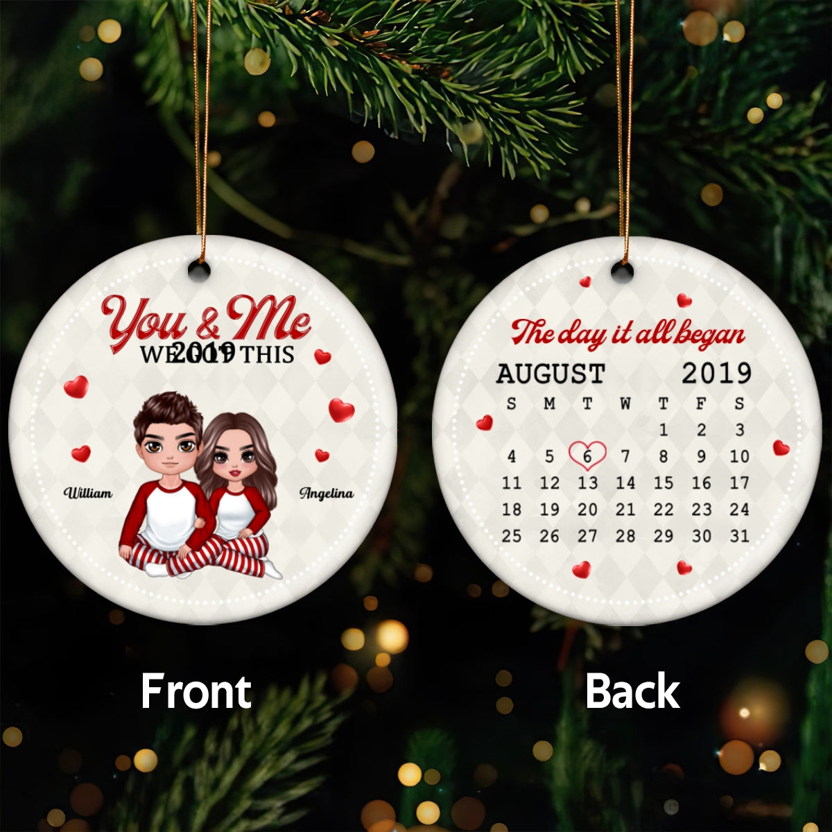 Christmas Doll Couple Hugging Sitting Calendar Anniversary Date Personalized Double Sided Circle Ornament
