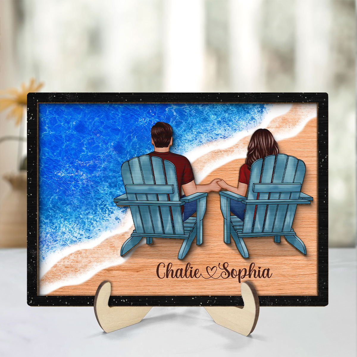 Couple Sitting On The Seaside Personalized 2-Layer Wooden Plaque