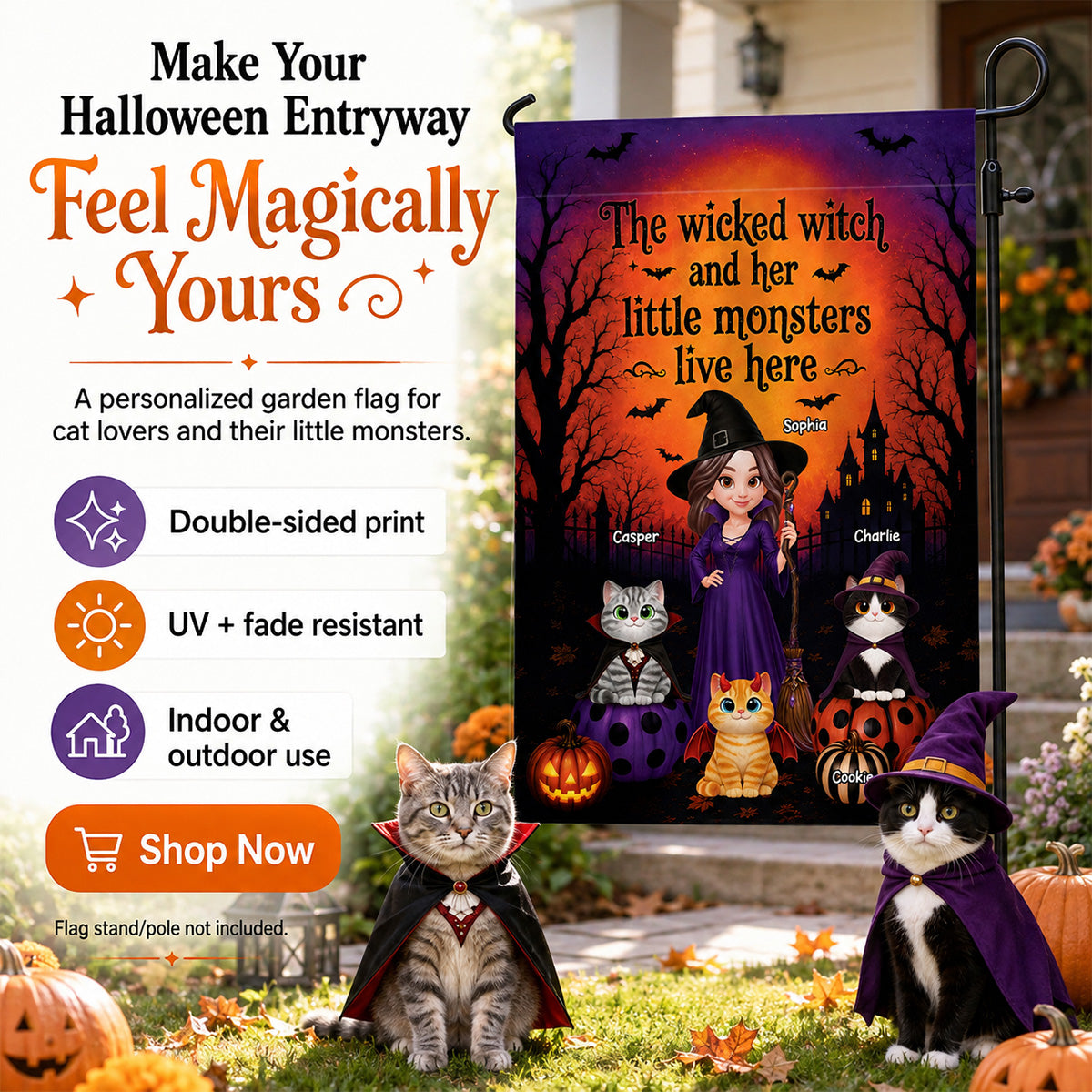 Halloween Wicked Witch And Little Monters Cats - Personalized Garden Flag