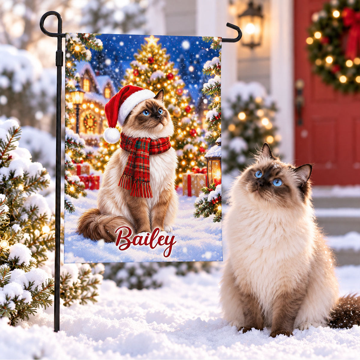 Winter Christmas Dog Cat Photo Upload - Personalized Garden Flag - Holiday Decoration For Dog Lovers, Cat Lovers