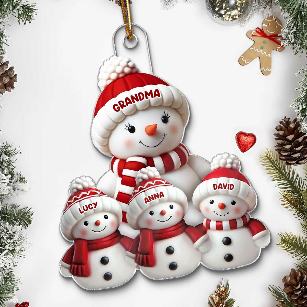 3D Effect Cute Snowman Grandma & Grandkids - Personalized Acrylic Ornament - Christmas Decor For Family, Grandma