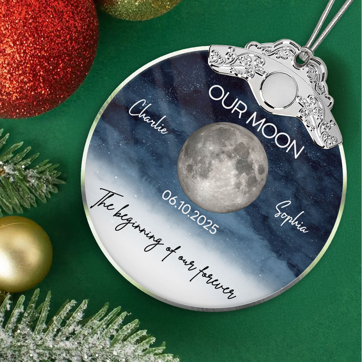 Starry Night Moon Phase Couple The Beginning Of Our Forever - Personalized Glass Ornament With Silver Cap