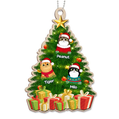 Fluffy Cat In Christmas Tree Personalized Wooden Ornament