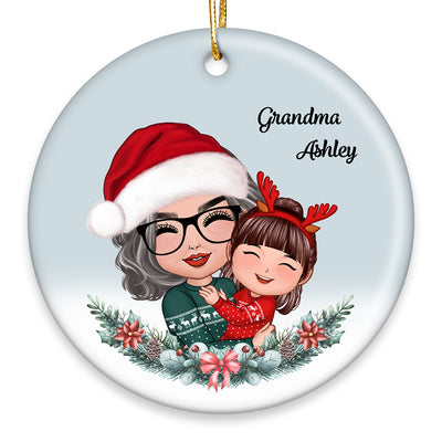 Grandma Hugging Grandkid Christmas Wreath Gift For Grandson Granddaughter Personalized Circle Ornament