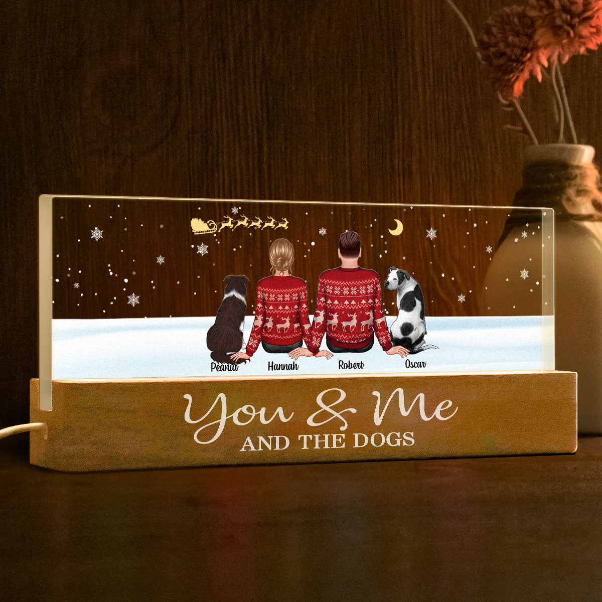 You Me And The Dogs Cats Sitting In Snow Personalized Acrylic Block LED Night Light, Christmas Decoration