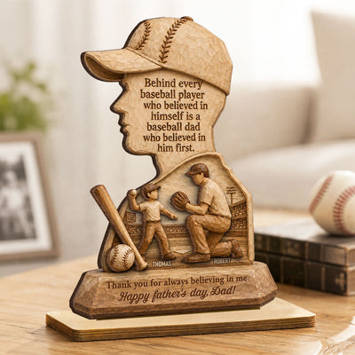Behind Every Baseball Player is a Baseball Dad - Personalized 2-Layered Wooden Plaque - Father's Day Gift for Dad, Husband
